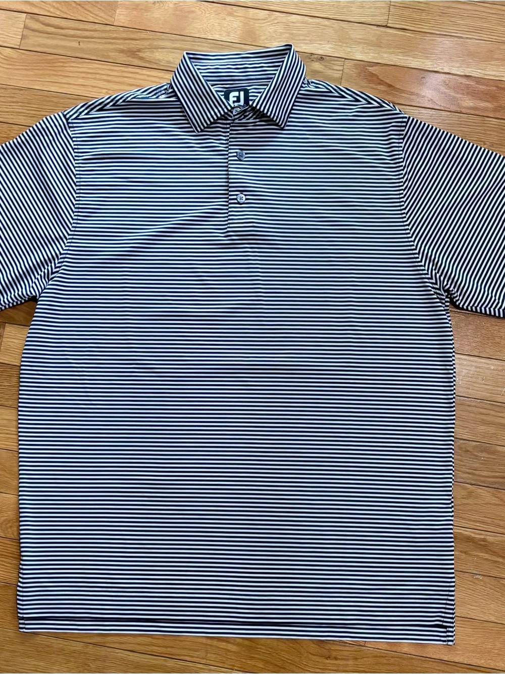 FootJoy Men's L Navy/White Striped Golf Polo Shirt Stretch Logo Short Sleeve